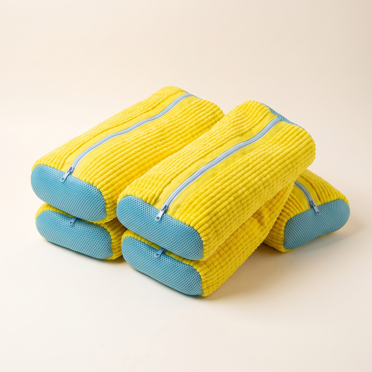 Four yellow sneaker wash bags arranged as a bundle