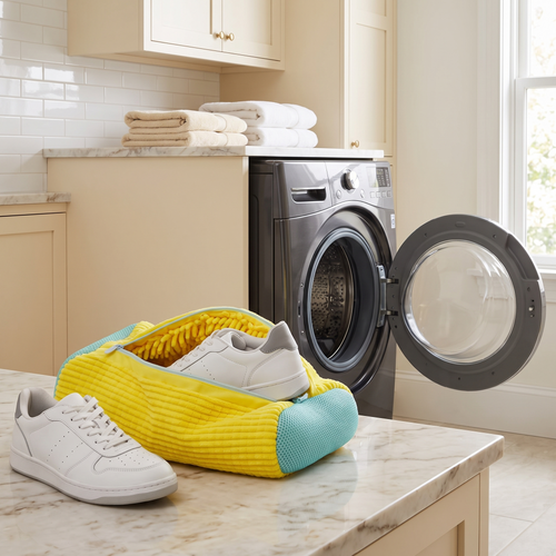 Yellow sneaker wash bag beside a washing machine in a modern laundry room